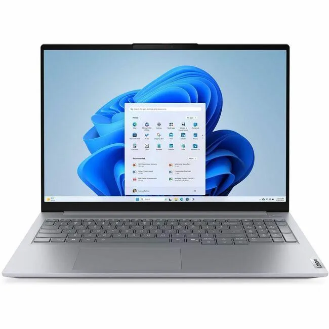 Gray 16-inch laptop with matte finish, thin profile, webcam and full keyboard