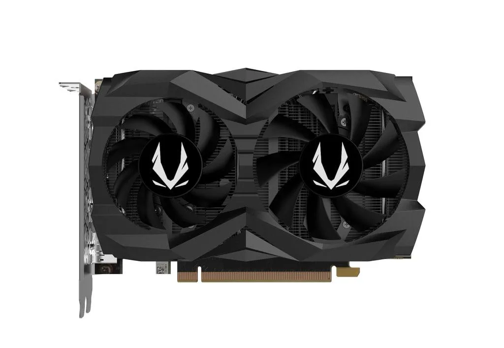 Compact dual-fan graphics card in dark grey finish, short two-slot PCB with metal backplate visible