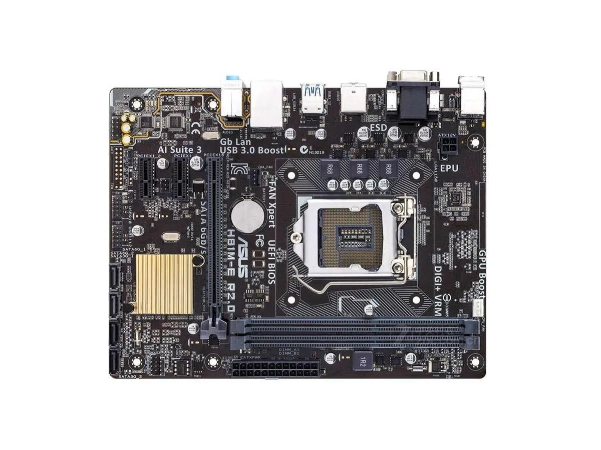 ASUS H81M-E R2.0 Micro ATX motherboard, dark PCB with silver sockets and blue slots