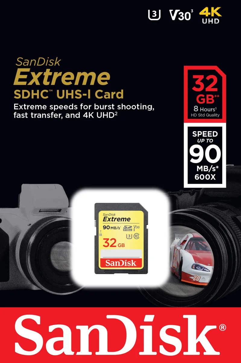 SanDisk SanDisk Extreme 32GB SDHC UHS-I 90MB/s V30 U3 C10 memory card — תמונת המוצר