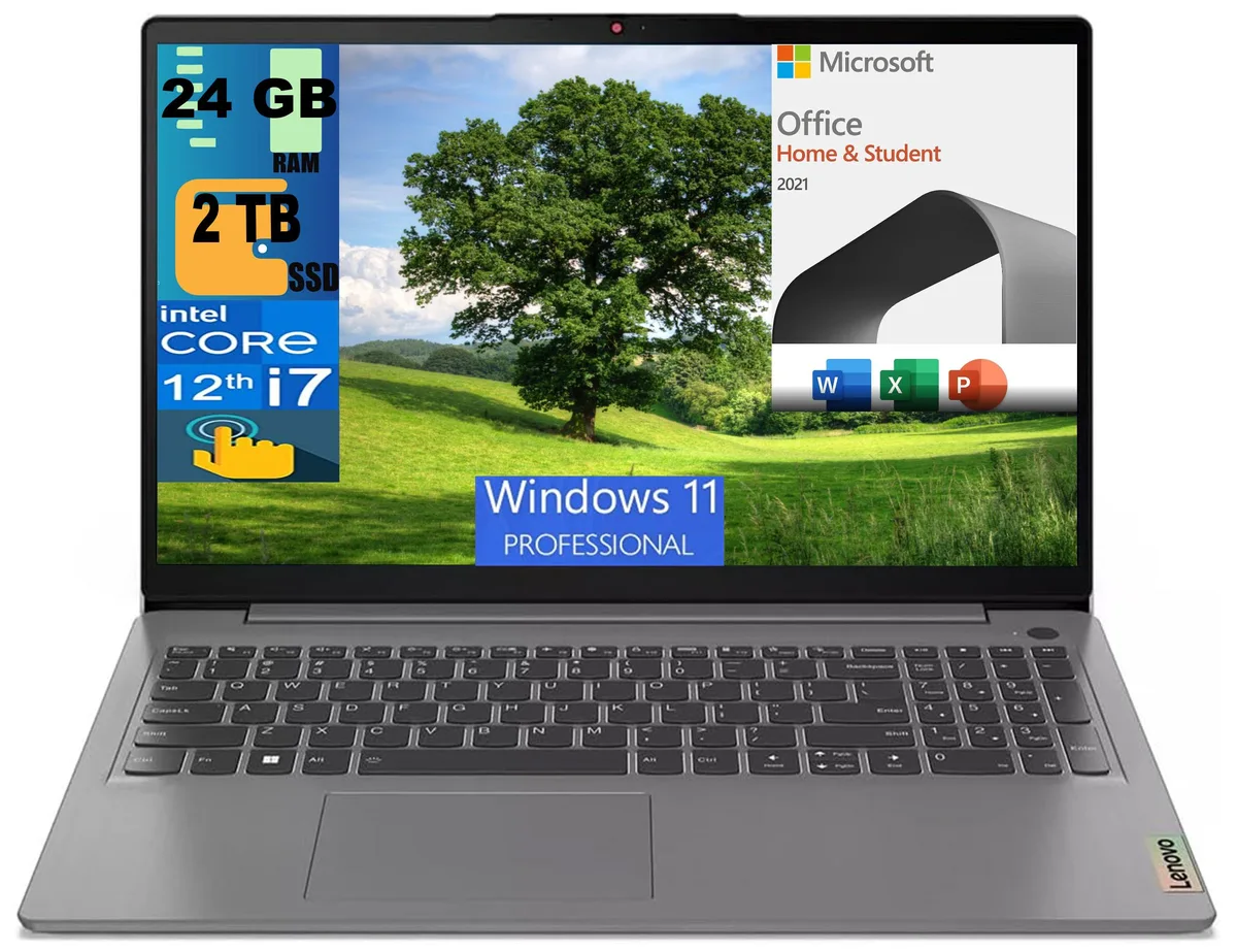 Grey 15.6-inch laptop with thin-bezel touchscreen, backlit keyboard and fingerprint reader
