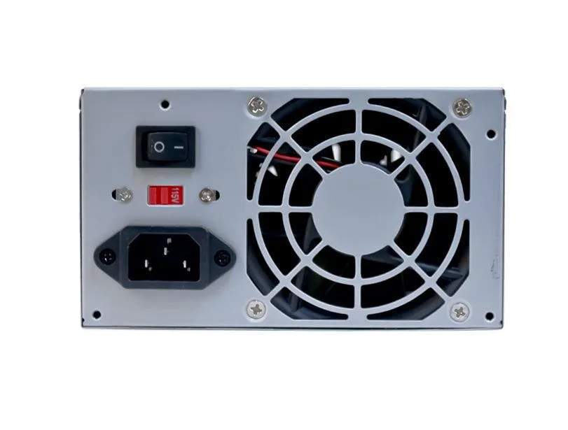 Grey ATX power supply unit with single fan and multiple cable connectors