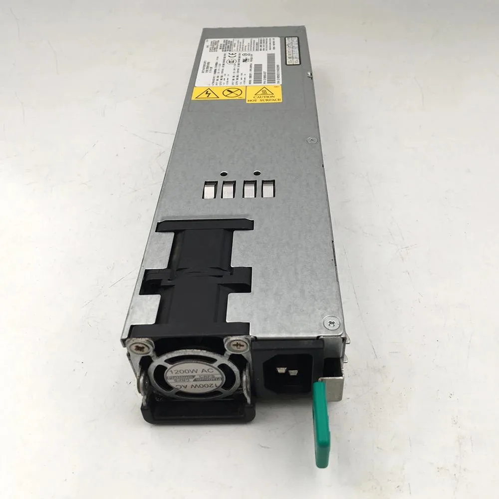 Rectangular silver server power supply unit with rear fan grille and power connectors
