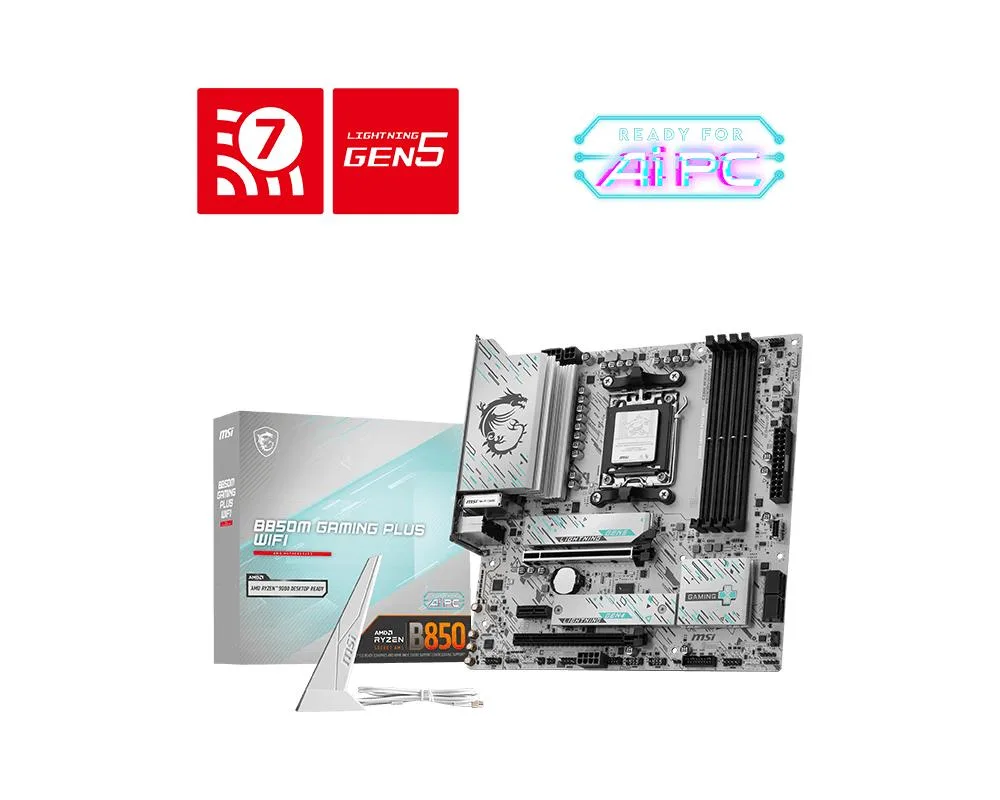 MSI B850M GAMING PLUS WIFI motherboard, mATX form factor, dark PCB with silver heatsinks