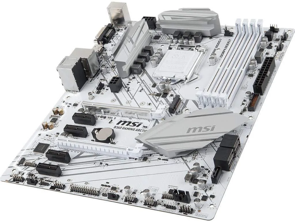 White ATX motherboard with silver heatsinks and rear I/O shield