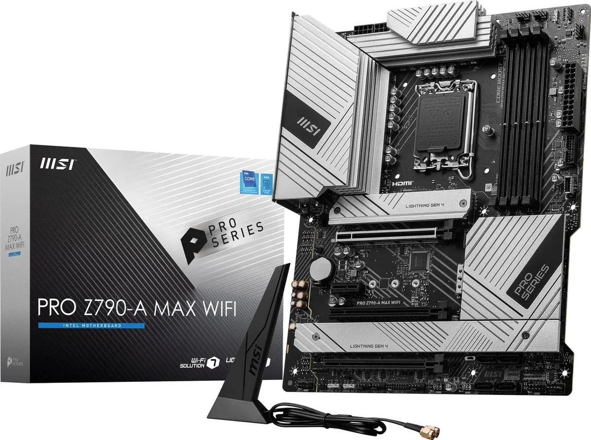 ATX motherboard with silver heatsinks, black PCB, LGA 1700 socket, four DDR5 slots, multiple M.2 shields, rear I/O panel