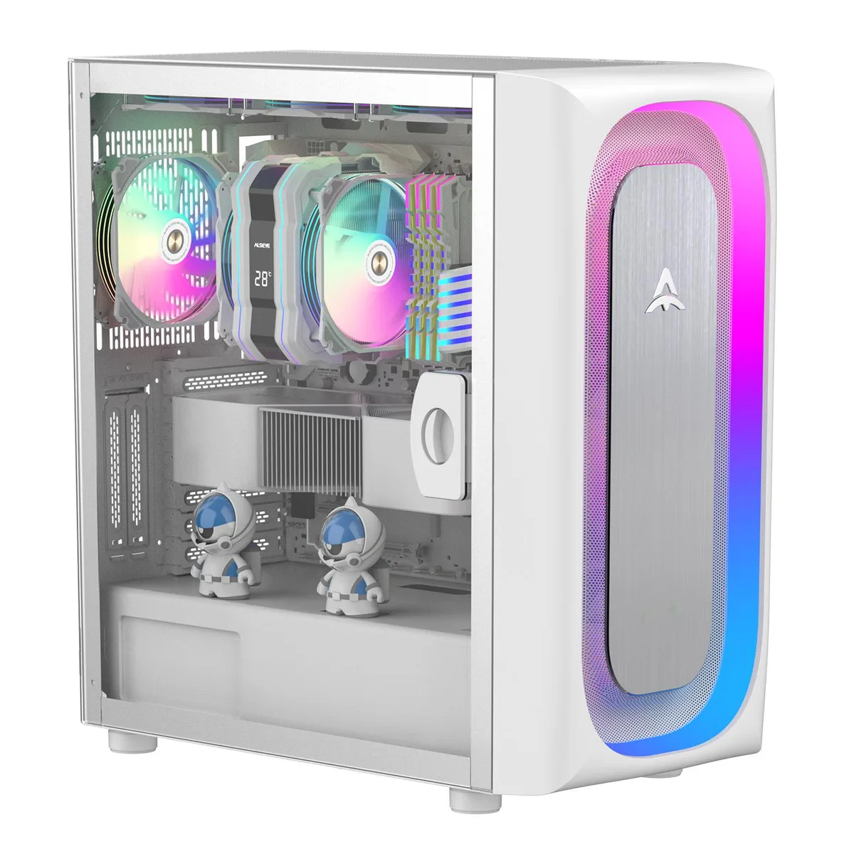 White mid-tower E-ATX case with tempered glass side panel and ARGB front lighting
