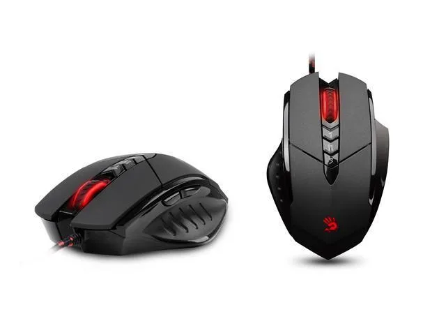 Black wired gaming mouse, ambidextrous shape, eight buttons and scroll wheel