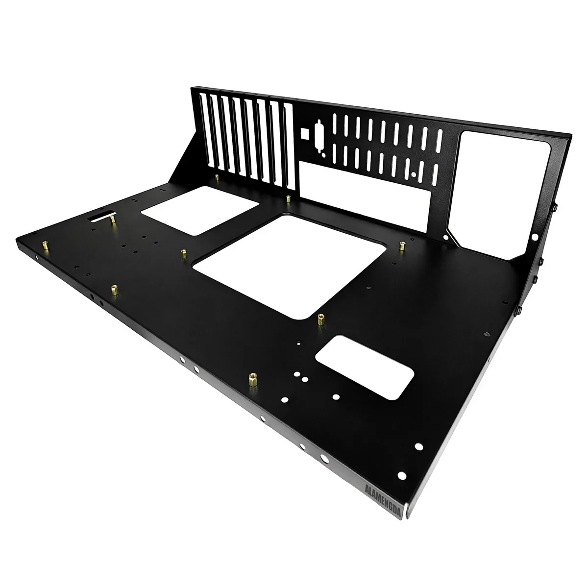 Black open-frame ATX test bench, 0.8mm SPCC steel with sand-grain finish, motherboard tray and bottom PSU mount visible