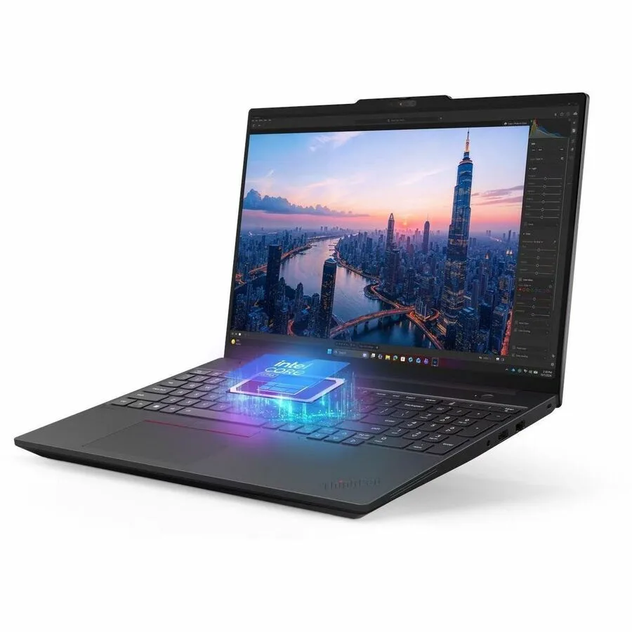 Black 16 inch laptop with matte finish and ThinkPad branding