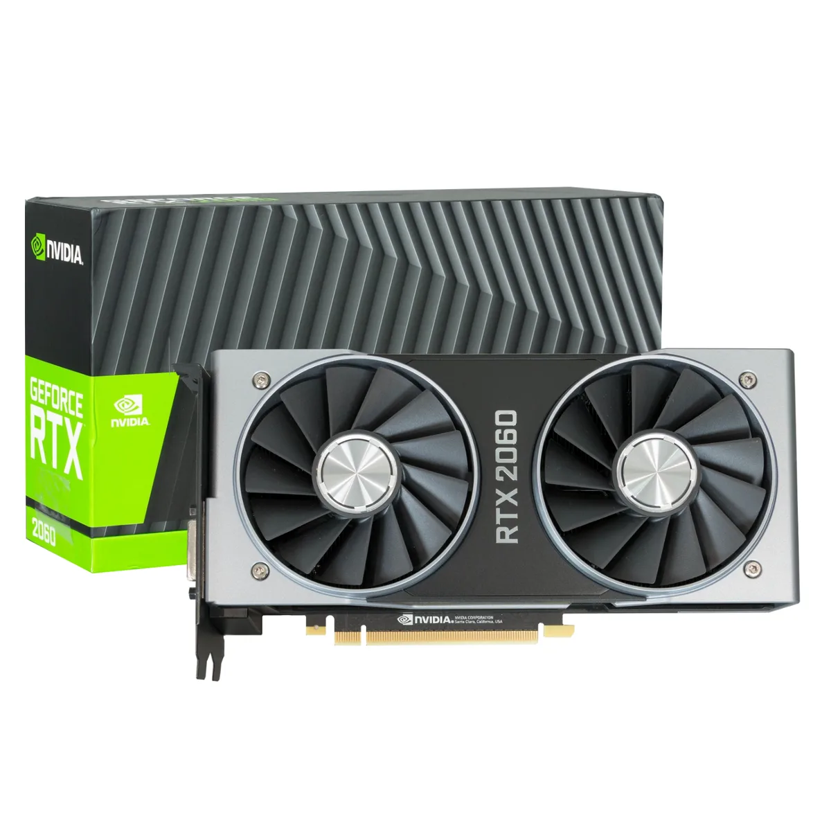 Silver dual-fan graphics card with black accents and NVIDIA branding