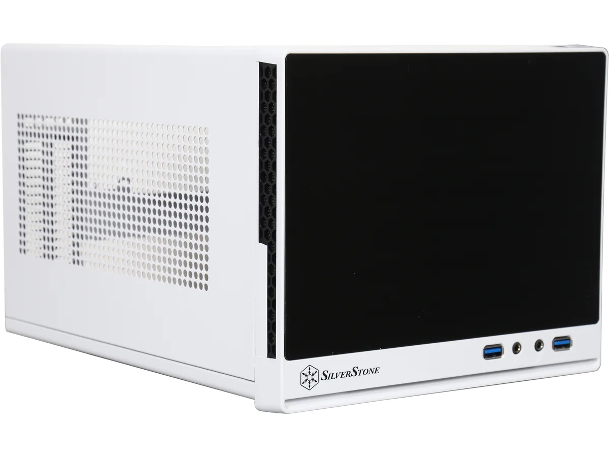 Compact cube Mini-ITX case, black steel body with white plastic front panel and faux aluminum finish, no side window