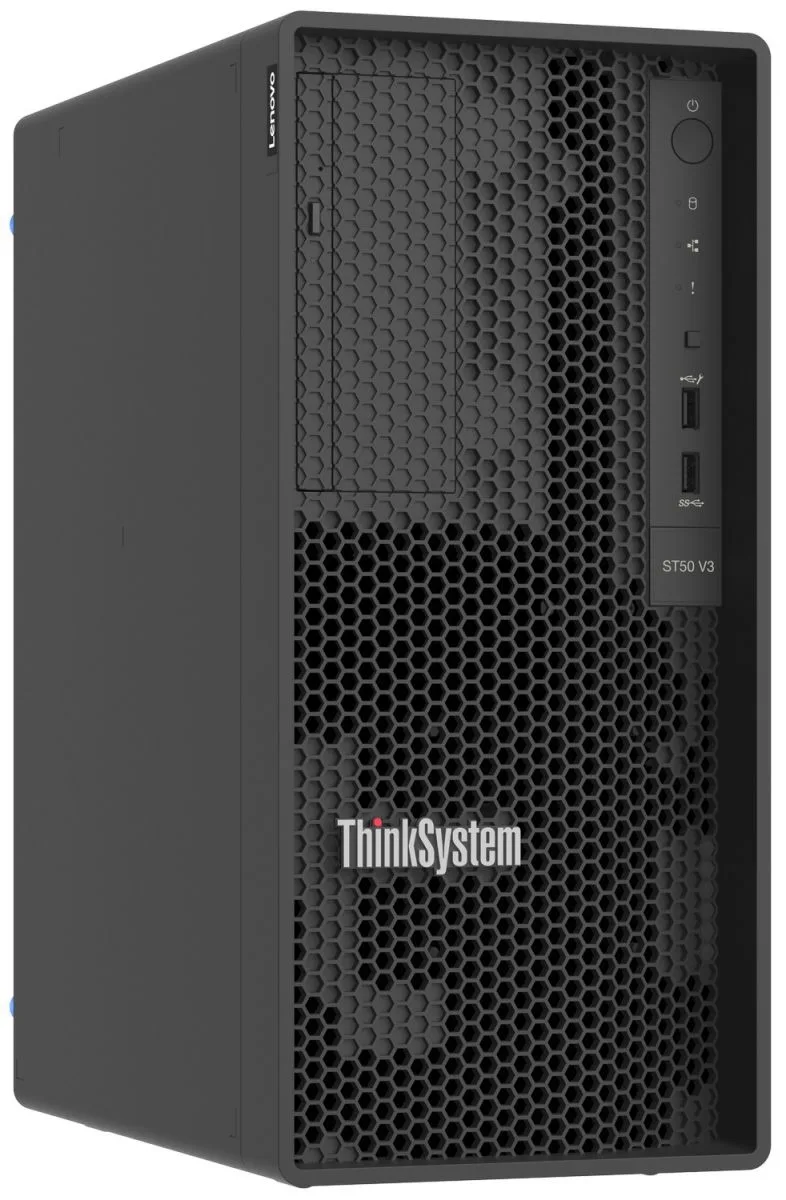 Grey tower server chassis with front drive bays and rear expansion slots