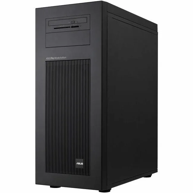 Tall black tower workstation chassis with front drive bays and ventilation grille