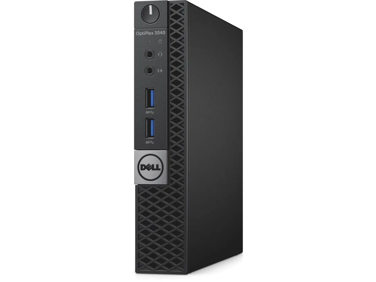 Small black micro desktop PC, 7.2 by 7 by 1.4 inches, with HDMI and 11 USB ports