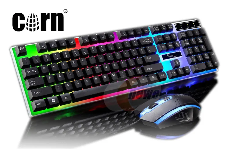 Black wired gaming keyboard with rainbow backlight and matching optical mouse, 104 keys, 2000 DPI