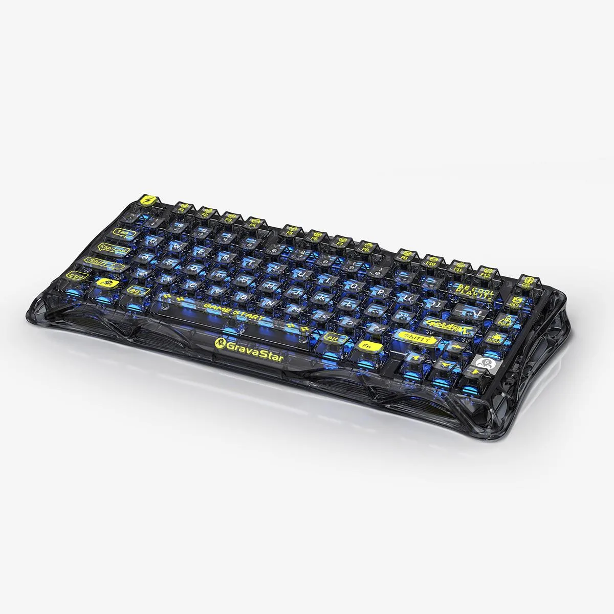 Transparent black 75 percent mechanical keyboard with hollow skeletal frame and visible RGB lighting