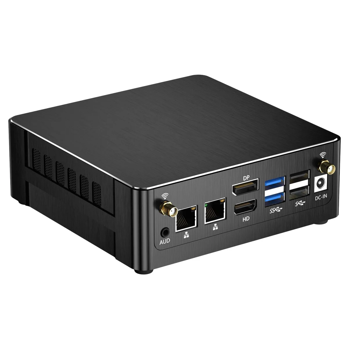 Compact black mini desktop with dual antennas and VESA mount