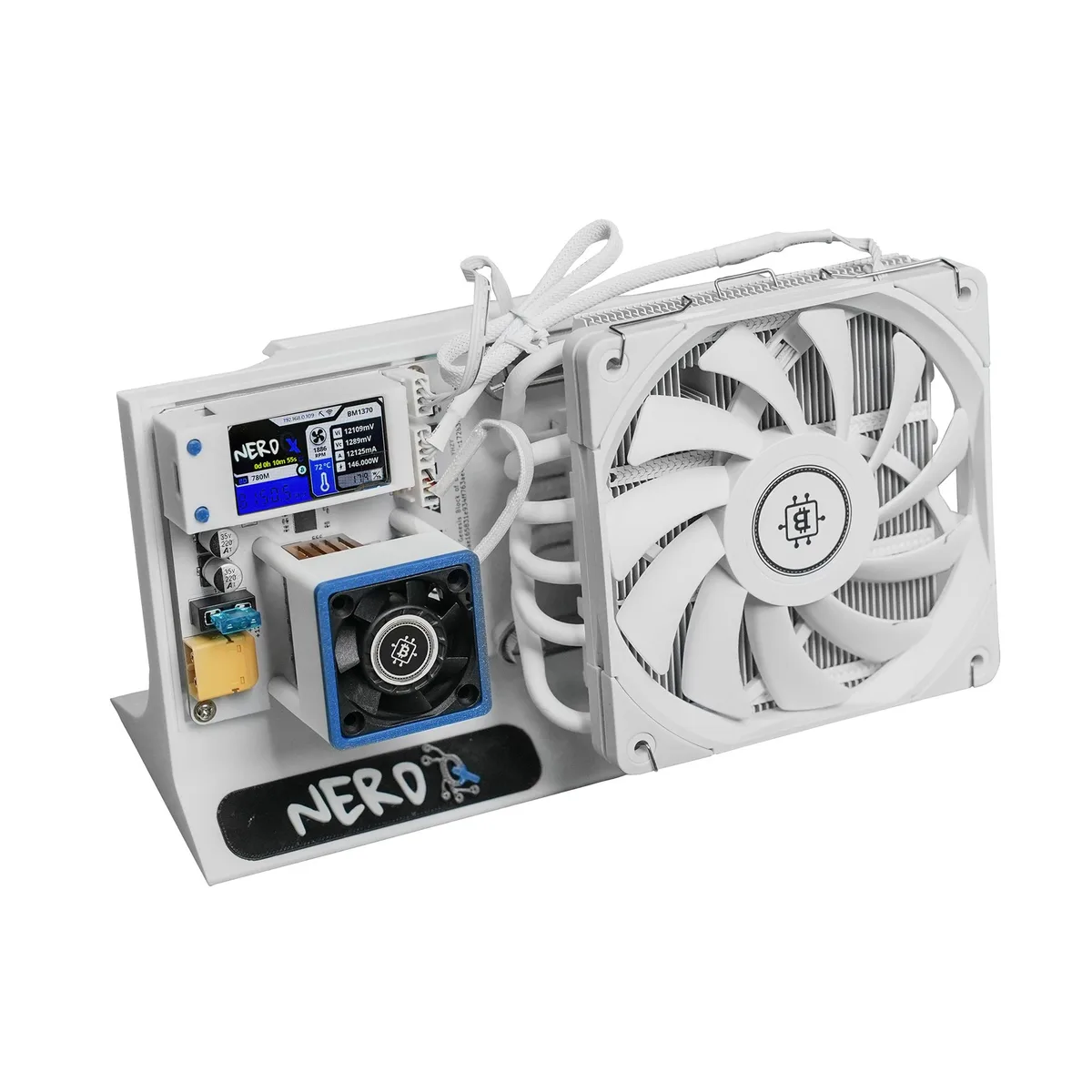 Compact white rectangular miner with three fans 22 by 12 by 15 centimetres