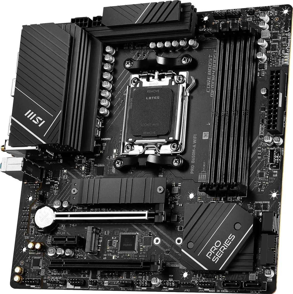 MSI PRO B650M-P MicroATX motherboard, dark PCB with silver heatsinks, AM5 socket, DDR5 slots, single PCIe x16