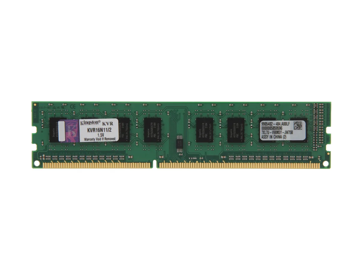 Green circuit board with black memory chips and gold edge contacts