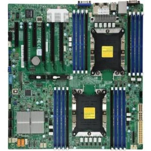 Green E-ATX server motherboard with dual LGA 3647 sockets and sixteen DIMM slots