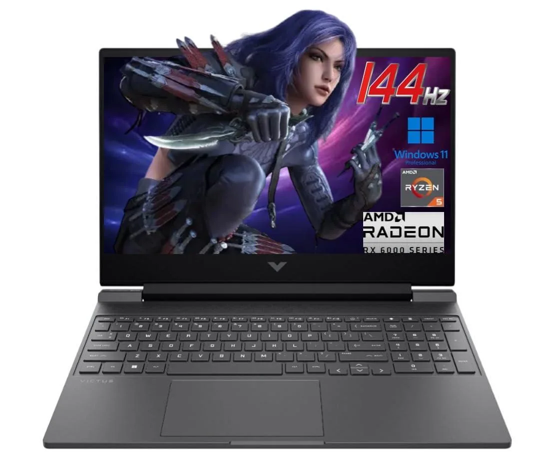Silver gaming laptop, 15.6 inch screen, thin profile, backlit keyboard visible