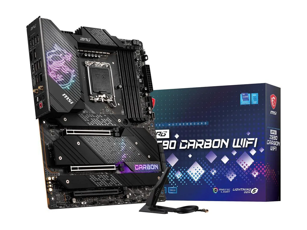Black ATX motherboard with dark metal heatsinks and carbon-fiber pattern accents