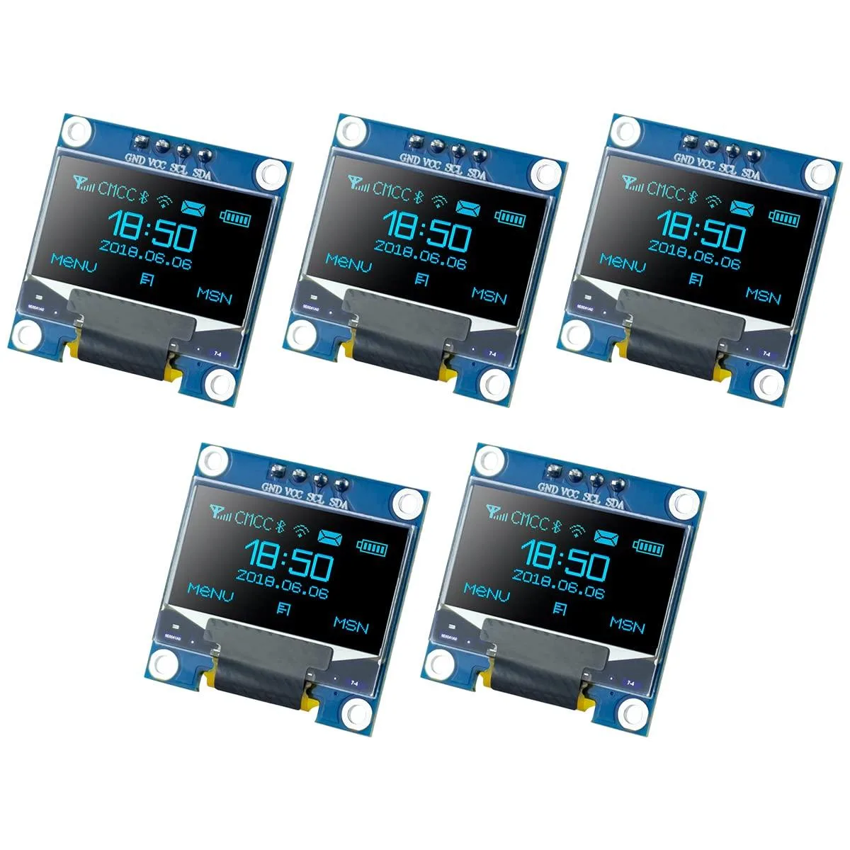 Five small rectangular blue OLED display boards with gold pins