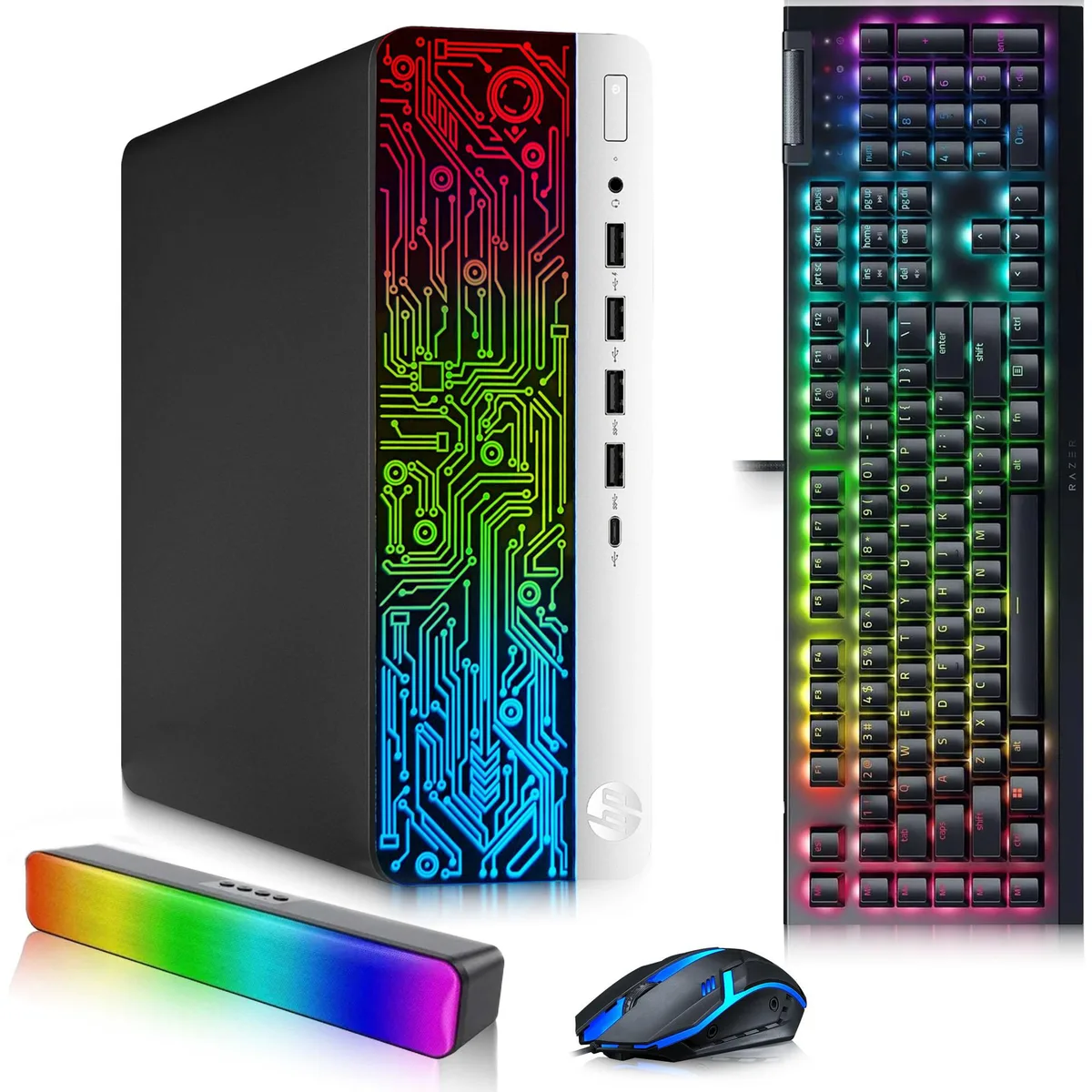 Small black desktop tower with RGB keyboard, mouse and soundbar