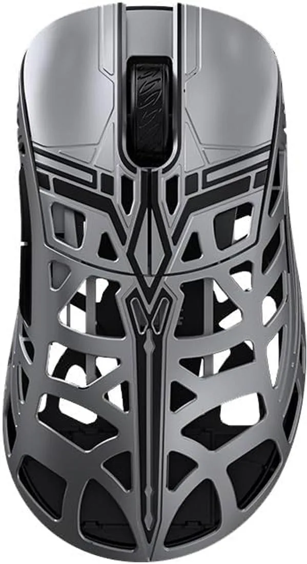 Silver lightweight gaming mouse with magnesium alloy shell and ergonomic asymmetric shape