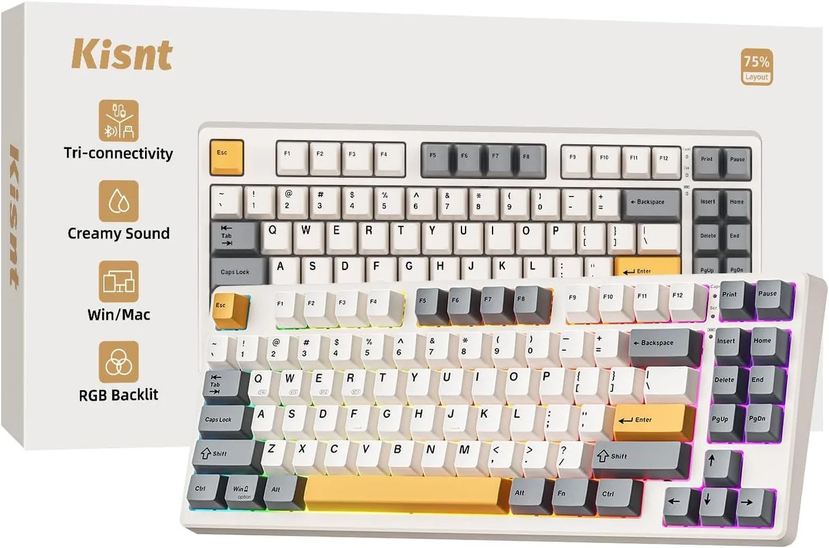 Compact 75 percent wireless mechanical keyboard in retro beige with linear switches and RGB lighting