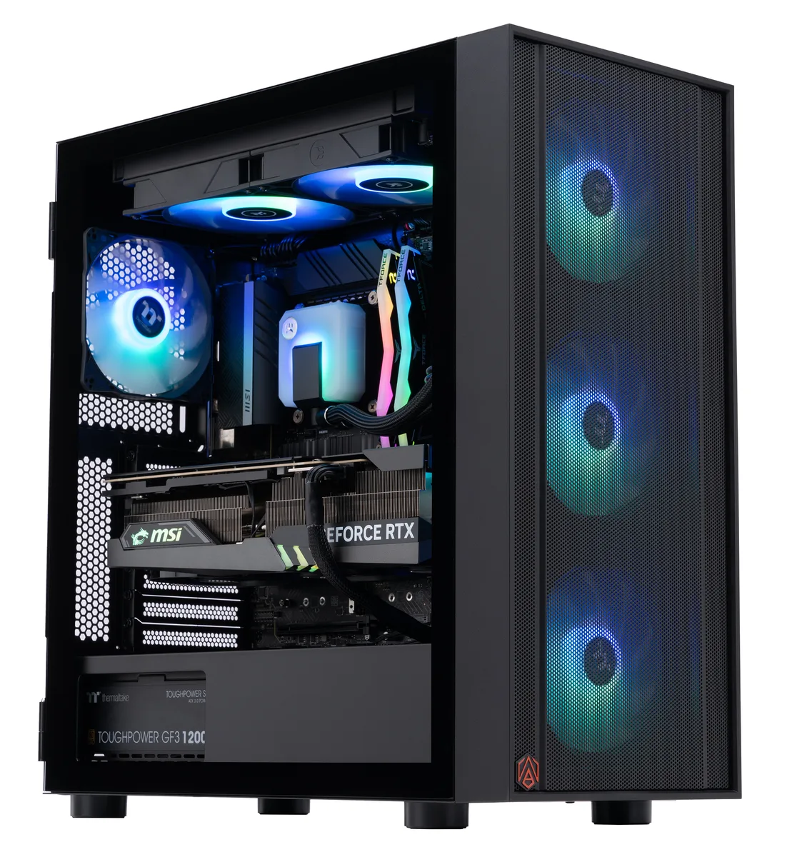 Black mid-tower case with RGB liquid cooling visible through side panel