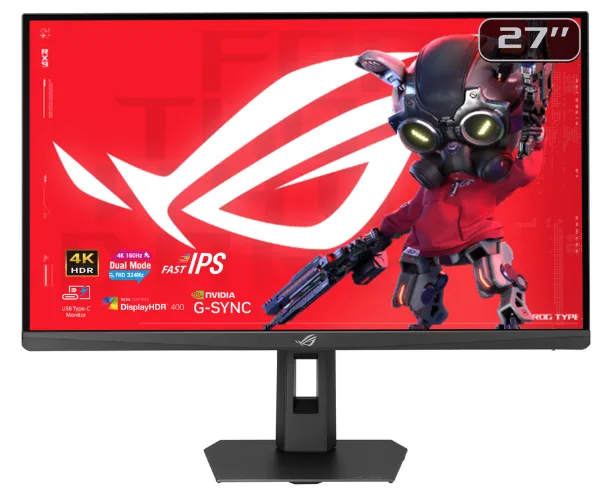 Black 27-inch flat gaming monitor with thin three-sided bezels and an adjustable stand