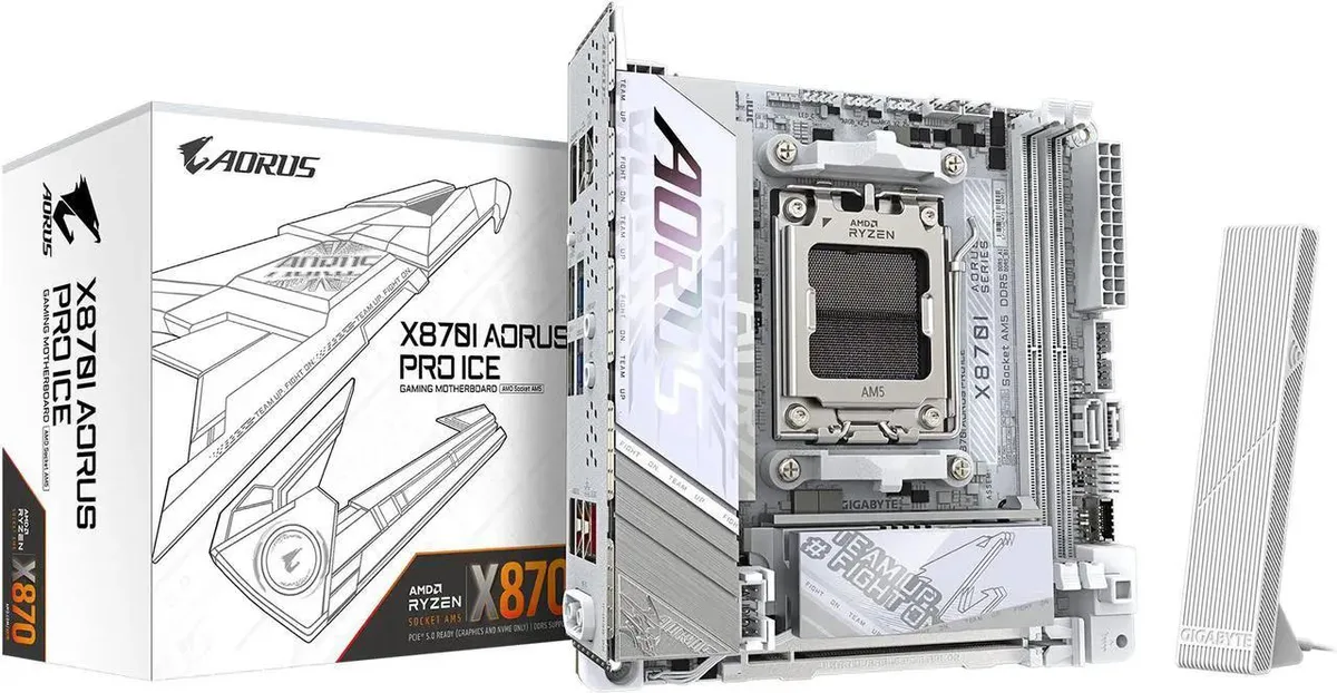 Compact Mini-ITX board in white finish with silver heatsinks, two memory slots, dual M.2 shields and rear USB-C ports