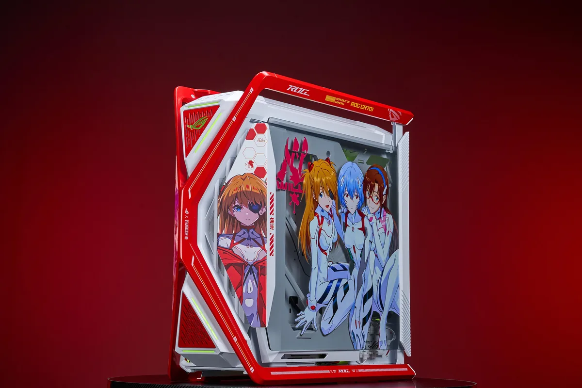Red full-tower PC case with Evangelion graphics, dual tempered glass panels, four 140 mm fans, vertical GPU mount and front I/O cluster
