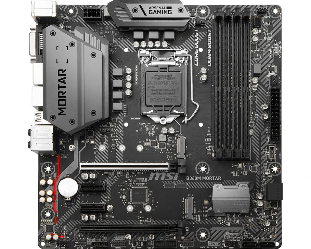 MicroATX motherboard in dark grey with silver heatsinks and I/O shield
