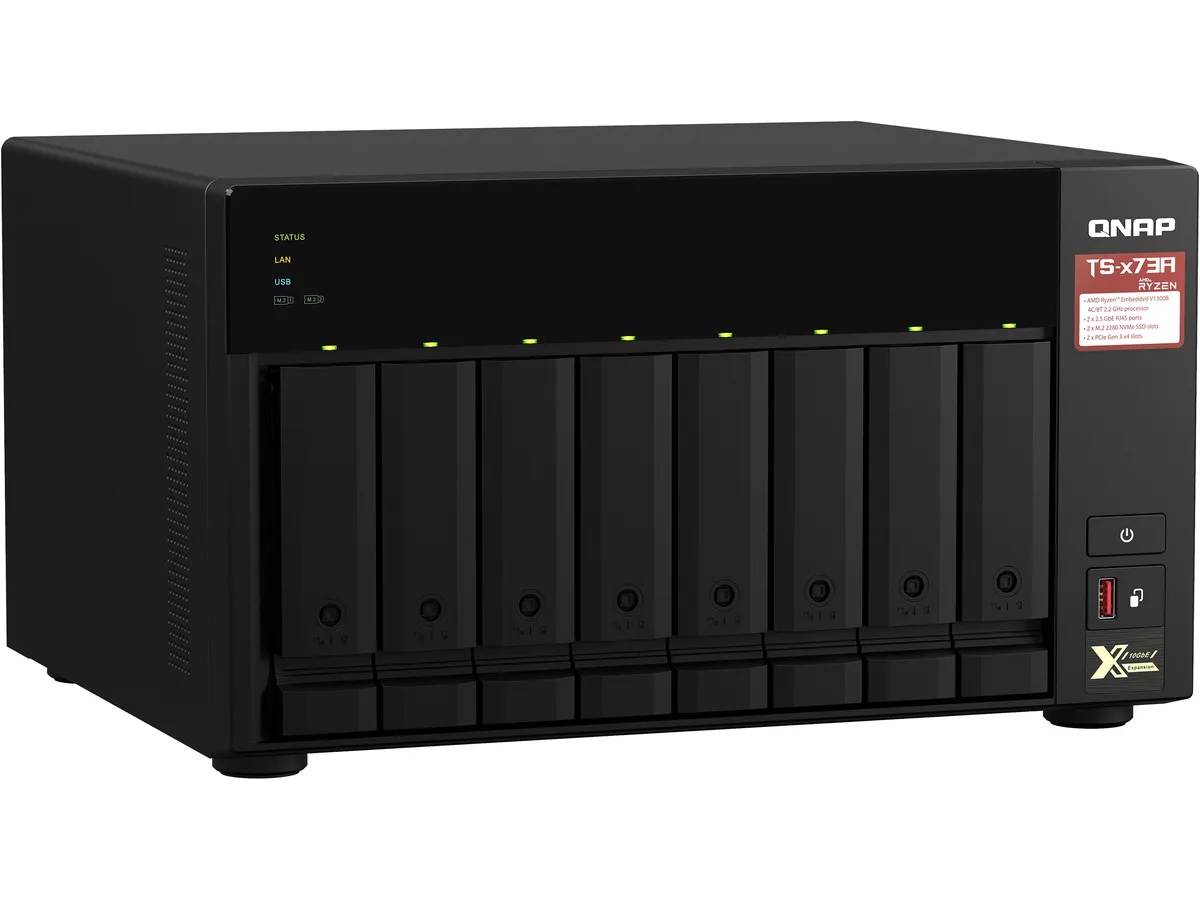 Rectangular silver desktop NAS with eight front drive bays and status LEDs