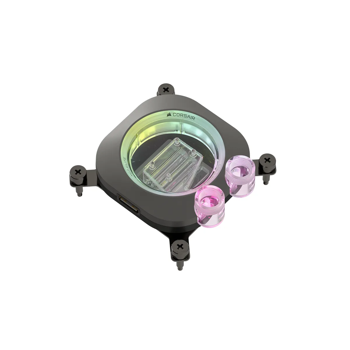 Stealth gray CPU water block with transparent flow chamber and RGB lighting