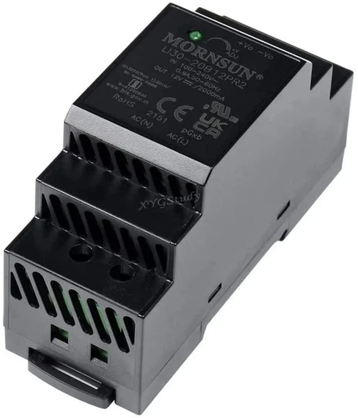 Compact rectangular DIN-rail power supply unit, matte grey finish with terminal blocks and label