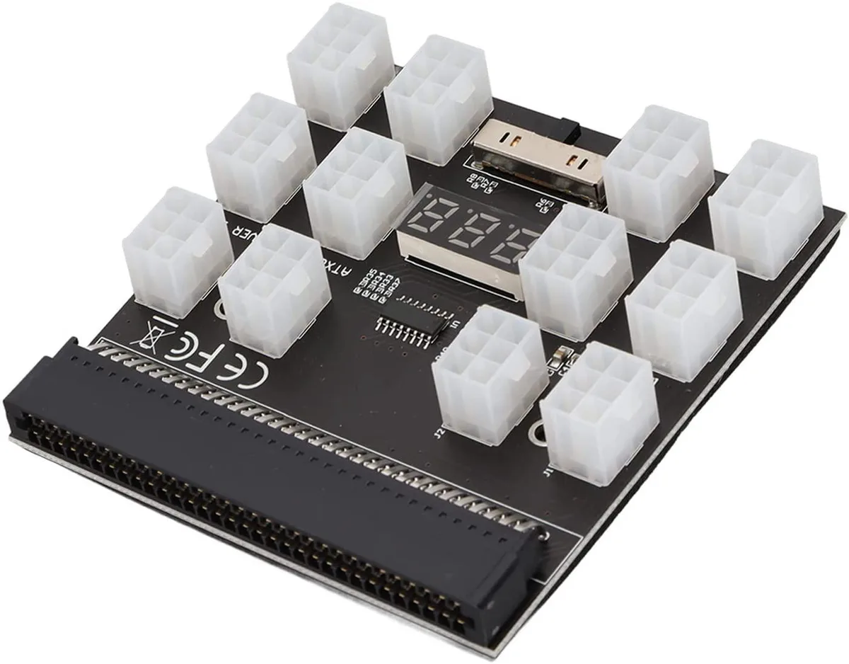 Black PCB board with 12 ATX 2x3 pin connectors and LED voltage display