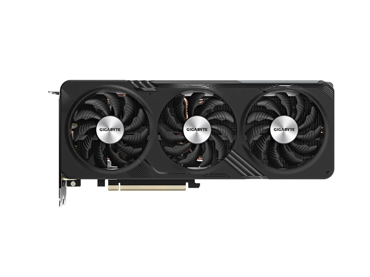 Black triple-fan graphics card with metal backplate, 2.5-slot ATX form factor