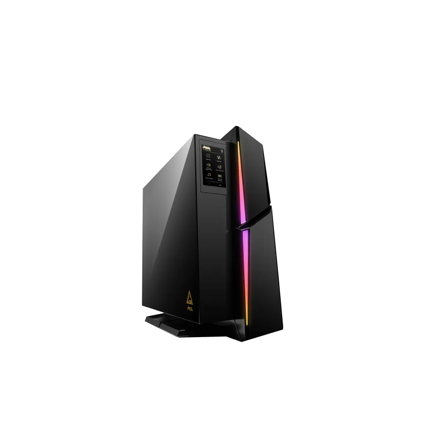 Black compact gaming desktop tower with liquid cooling visible inside
