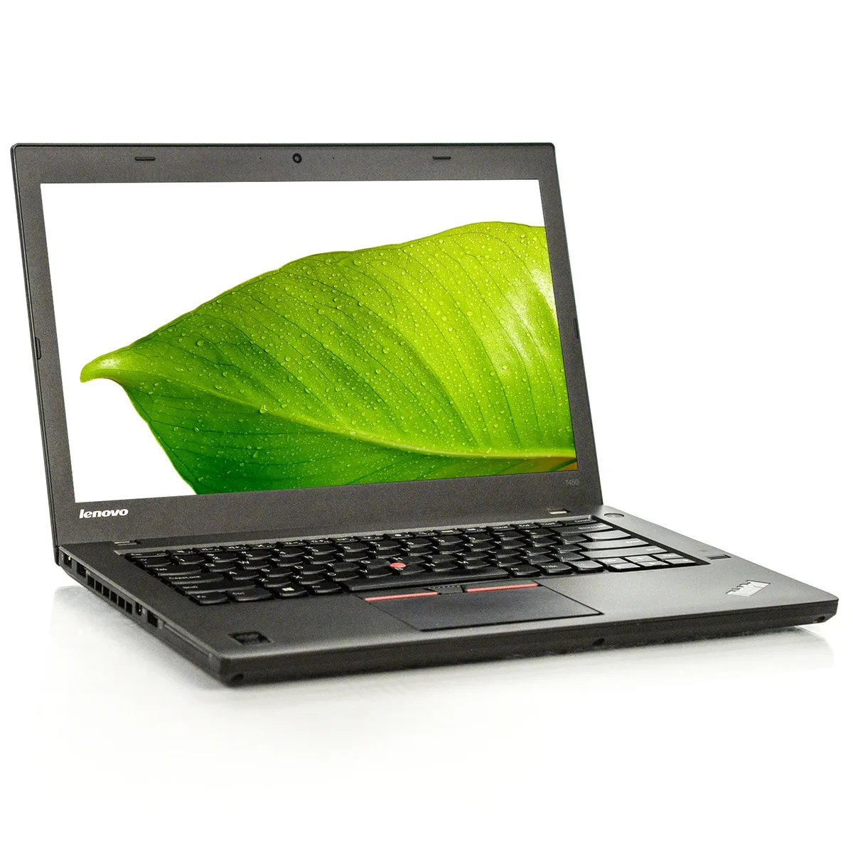 Black Lenovo ThinkPad T450 laptop closed showing matte lid and red TrackPoint nub