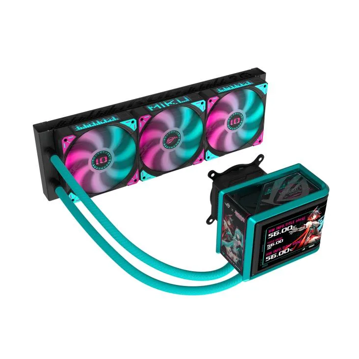 ASUS ROG RYUO IV 360 ARGB MIKU Edition AIO with curved 6.67 AMOLED screen, teal pink sleeved tubing