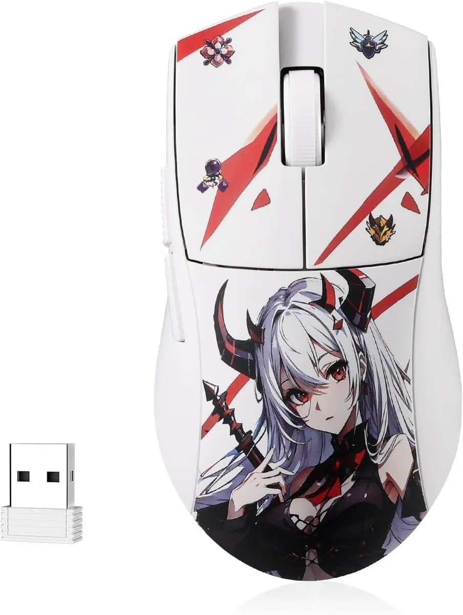 Lightweight gaming mouse with anime-themed shell, ergonomic shape, matte finish and side buttons
