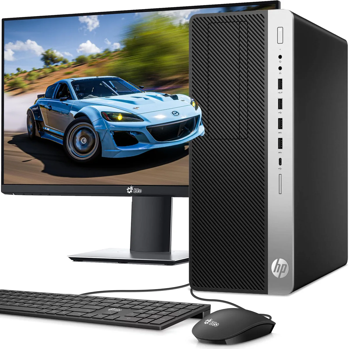 Black HP ProDesk tower with 22 inch monitor wired keyboard and mouse