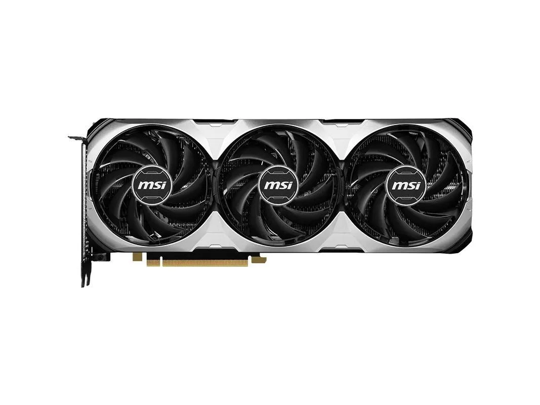 Triple-fan graphics card in dark grey and black finish
