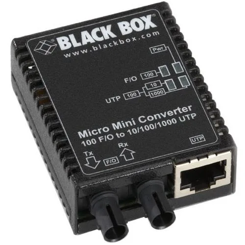 Ultra-compact copper-to-fiber media converter with RJ-45 and ST ports