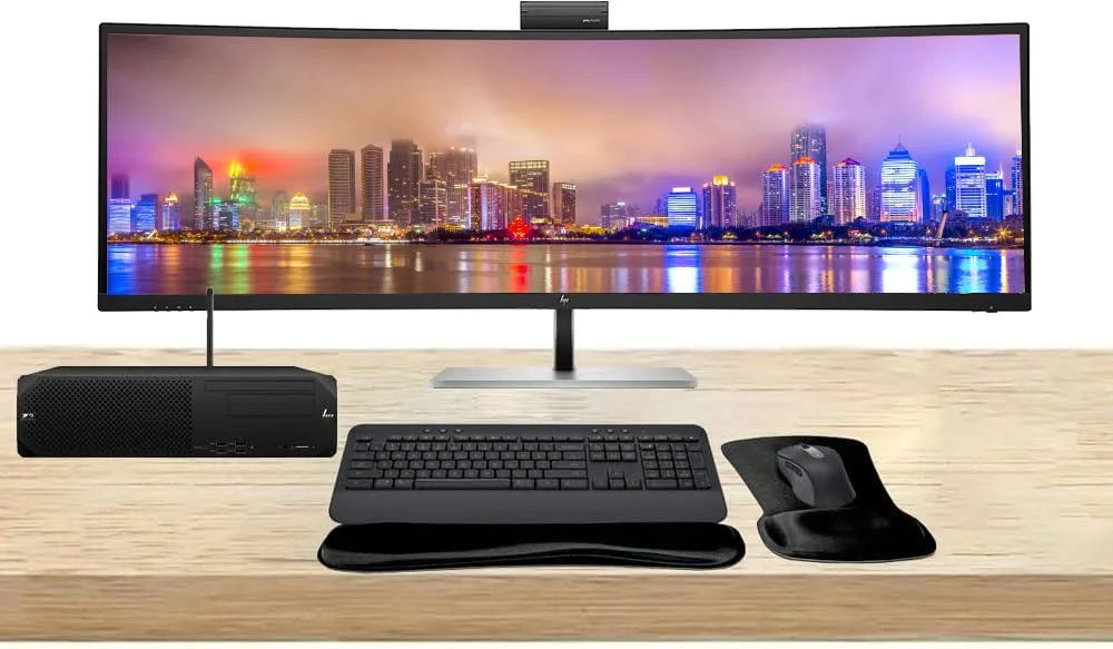 HP Z2 SFF G9 workstation with 49 inch curved monitor, wireless keyboard and mouse